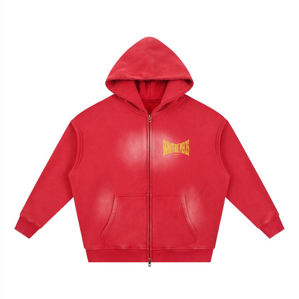 S.P. x O.L. Red Sunfade Two-way Zipper Boxy Hoodie