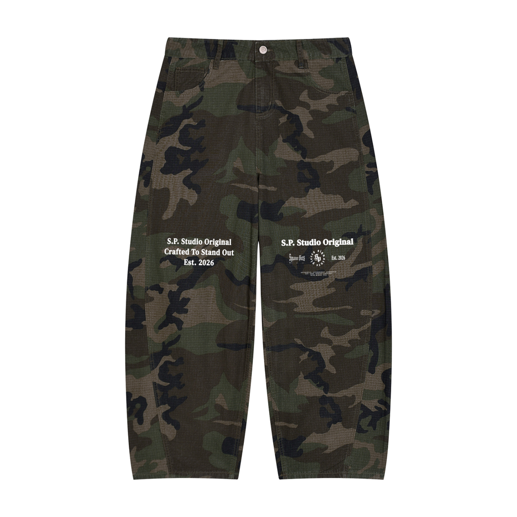 S.P. Studio O. x W.L. Camo Barrel Leg Cargo Pants