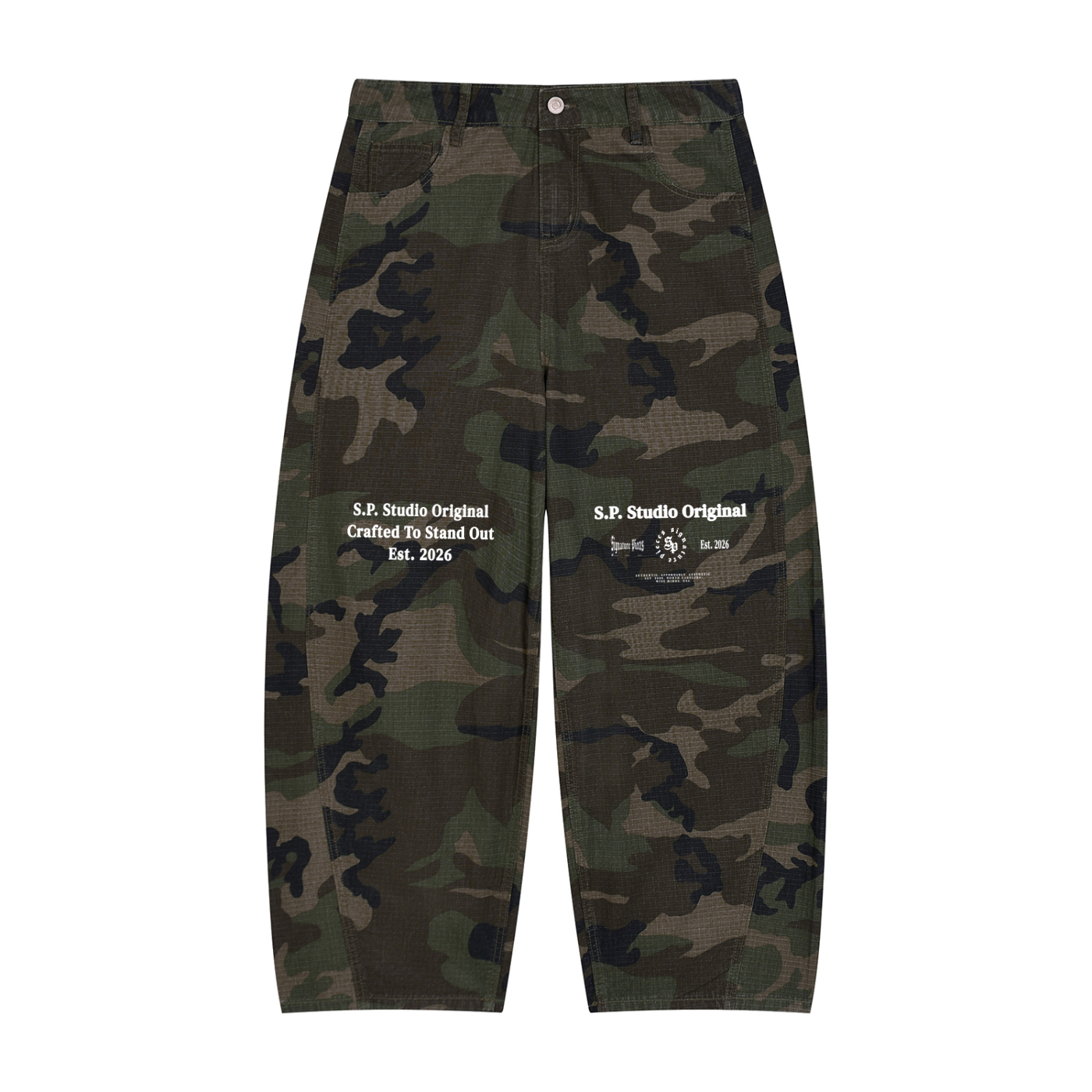 S.P. Studio O. x W.L. Camo Barrel Leg Cargo Pants